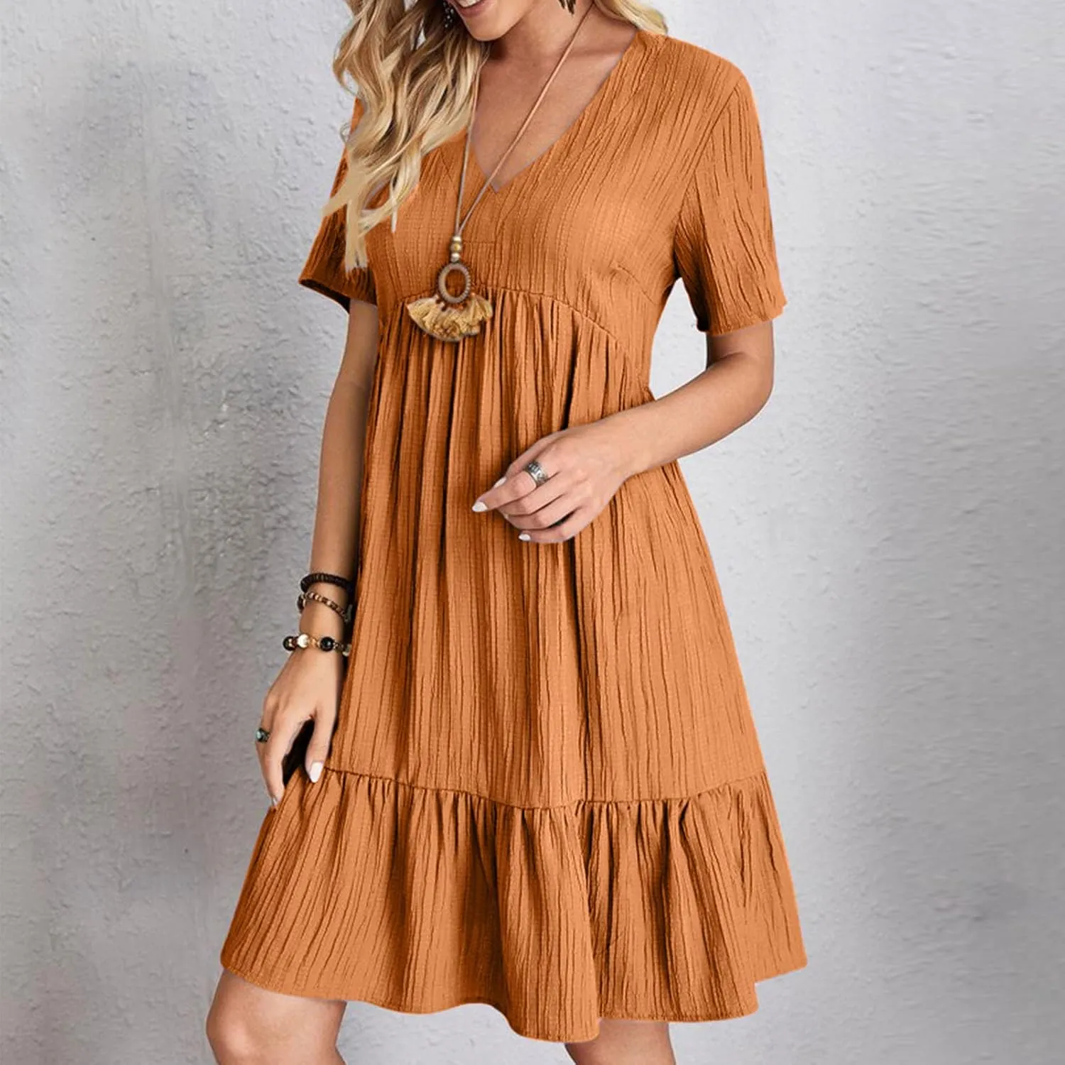 Summer Dresses for Women 2025 Vacation Short Sleeve V Neck Mini T Shirt Dress Pleated Flowy Tiered Beach Sundress