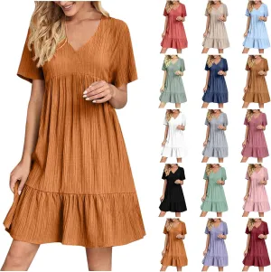 Summer Dresses for Women 2025 Vacation Short Sleeve V Neck Mini T Shirt Dress Pleated Flowy Tiered Beach Sundress