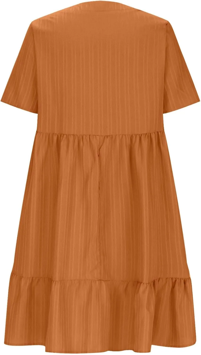 Summer Dresses for Women 2025 Vacation Short Sleeve V Neck Mini T Shirt Dress Pleated Flowy Tiered Beach Sundress