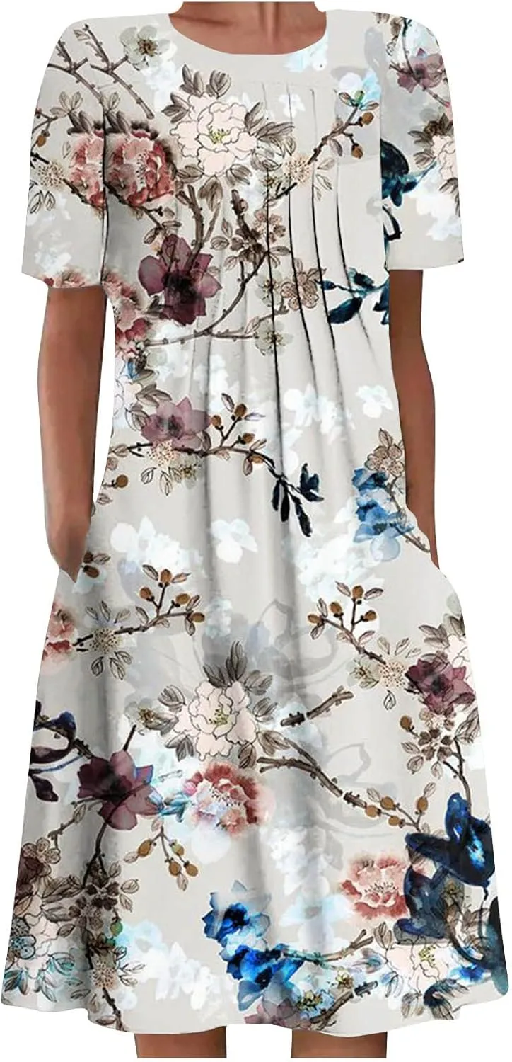 Summer Dresses for Women, Beach Floral Sundress Short Sleeve Pockets Casual Tshirt Dress Ruched A-Line Dress