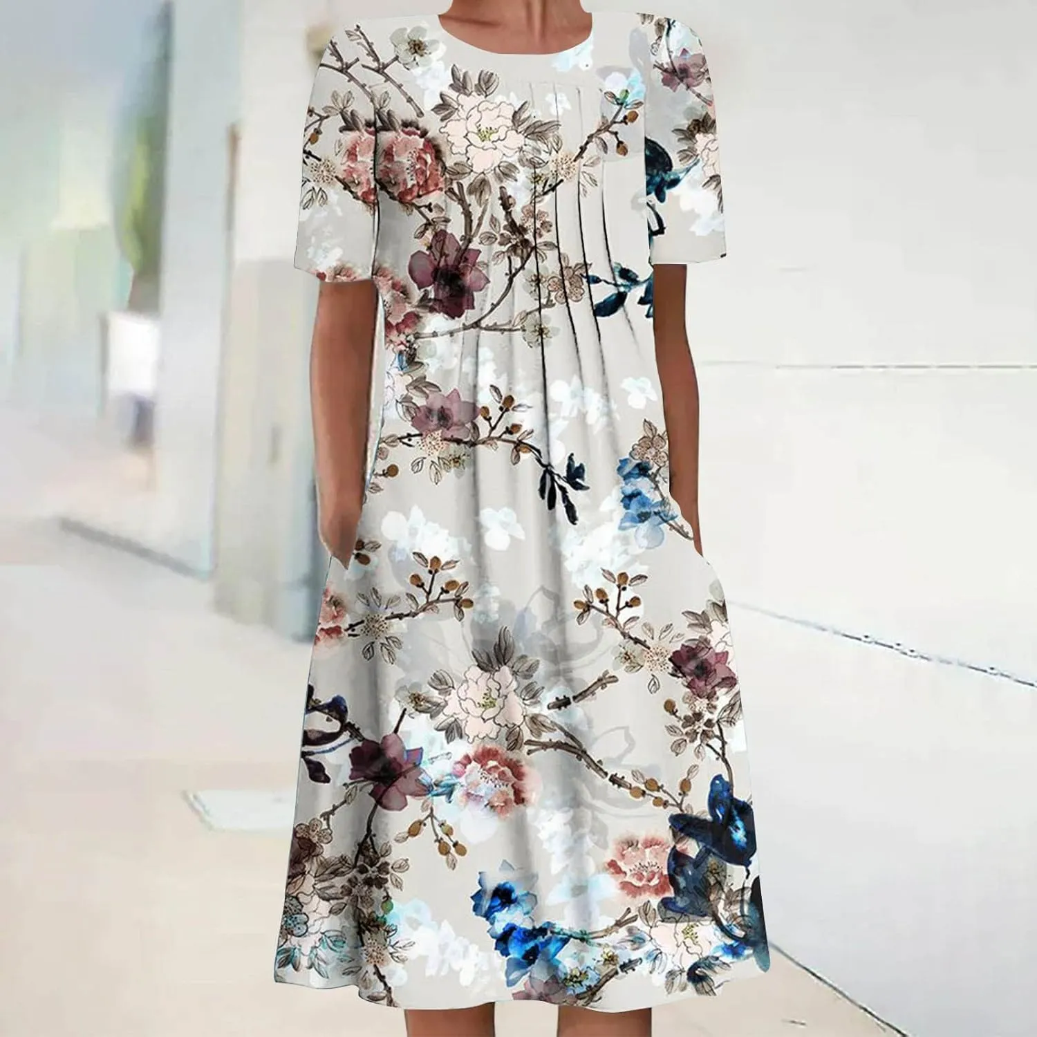 Summer Dresses for Women, Beach Floral Sundress Short Sleeve Pockets Casual Tshirt Dress Ruched A-Line Dress