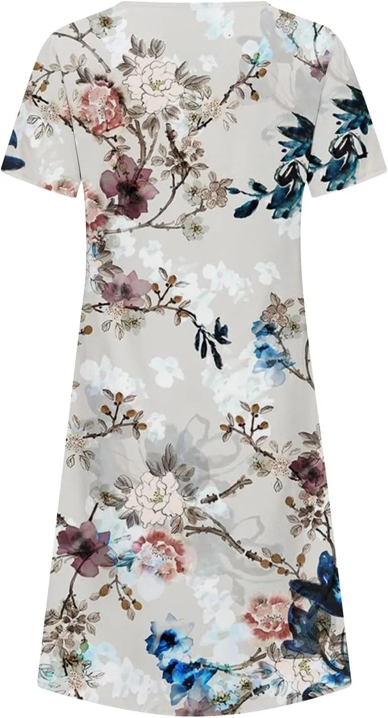 Summer Dresses for Women, Beach Floral Sundress Short Sleeve Pockets Casual Tshirt Dress Ruched A-Line Dress