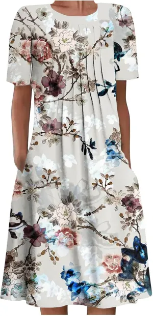 Summer Dresses for Women, Beach Floral Sundress Short Sleeve Pockets Casual Tshirt Dress Ruched A-Line Dress