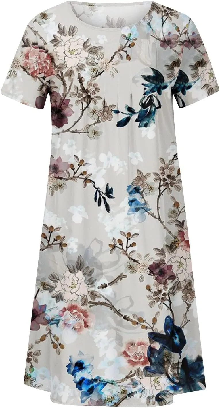 Summer Dresses for Women, Beach Floral Sundress Short Sleeve Pockets Casual Tshirt Dress Ruched A-Line Dress