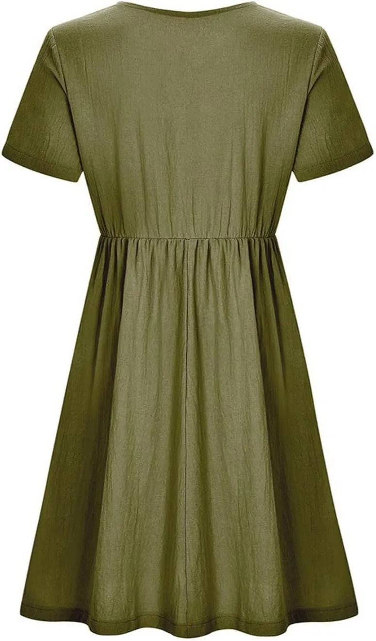 Summer Dresses for Women Casual Cotton Linen Dress Sundress Henley Flowy Vacation Beach Midi Dress