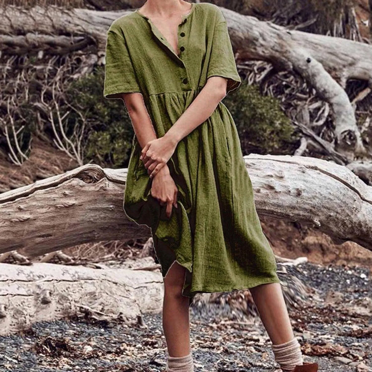 Summer Dresses for Women Casual Cotton Linen Dress Sundress Henley Flowy Vacation Beach Midi Dress