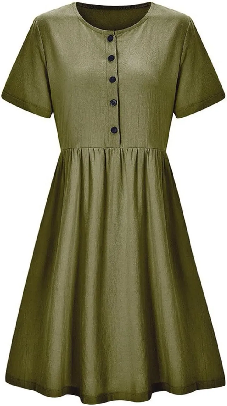 Summer Dresses for Women Casual Cotton Linen Dress Sundress Henley Flowy Vacation Beach Midi Dress