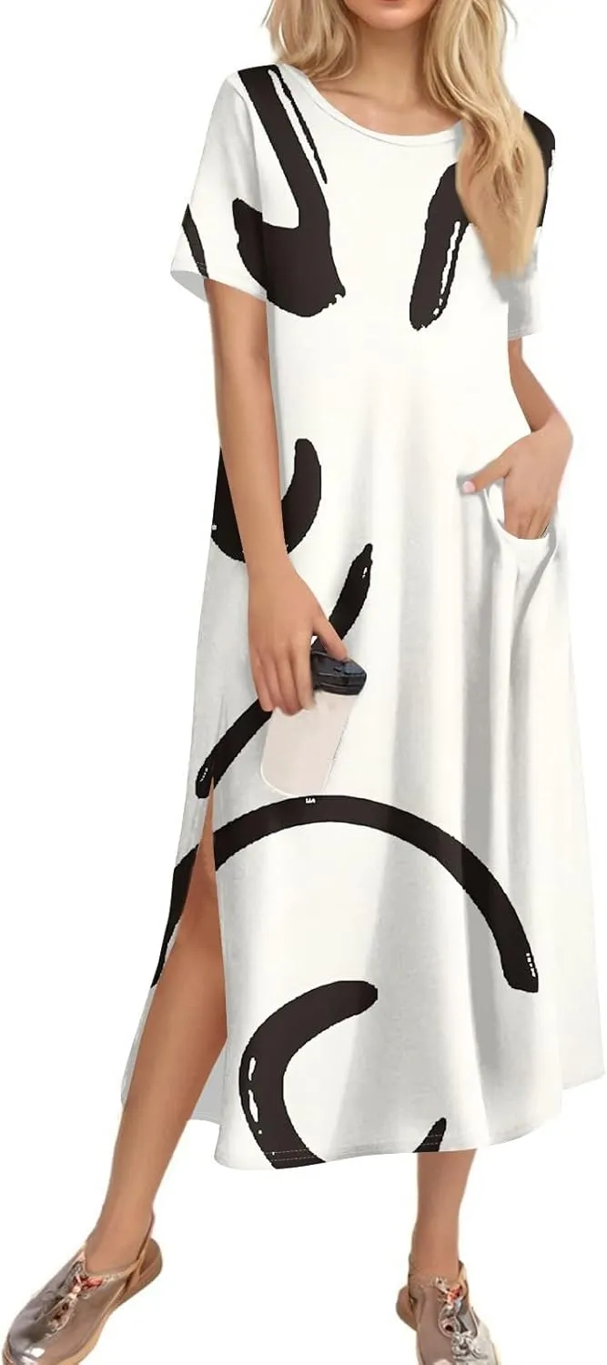Summer Dresses for Women Casual Short Sleeve Beach T Shirt Dress Floral Print Loose Split Long Dress with Pockets