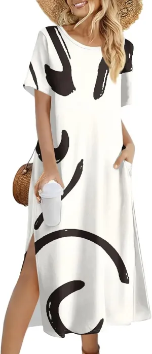 Summer Dresses for Women Casual Short Sleeve Beach T Shirt Dress Floral Print Loose Split Long Dress with Pockets