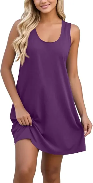 Summer Dresses for Women Casual Sleeveless Mini Dress printedBeach Sundresses Loose Tshirt Tank Dresses with Pockets