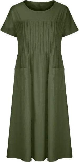 Summer Dresses for Women Cotton Linen Casual Trendy Pleated Midi Dress Loose Short Sleeve Beach Dress with Pockets