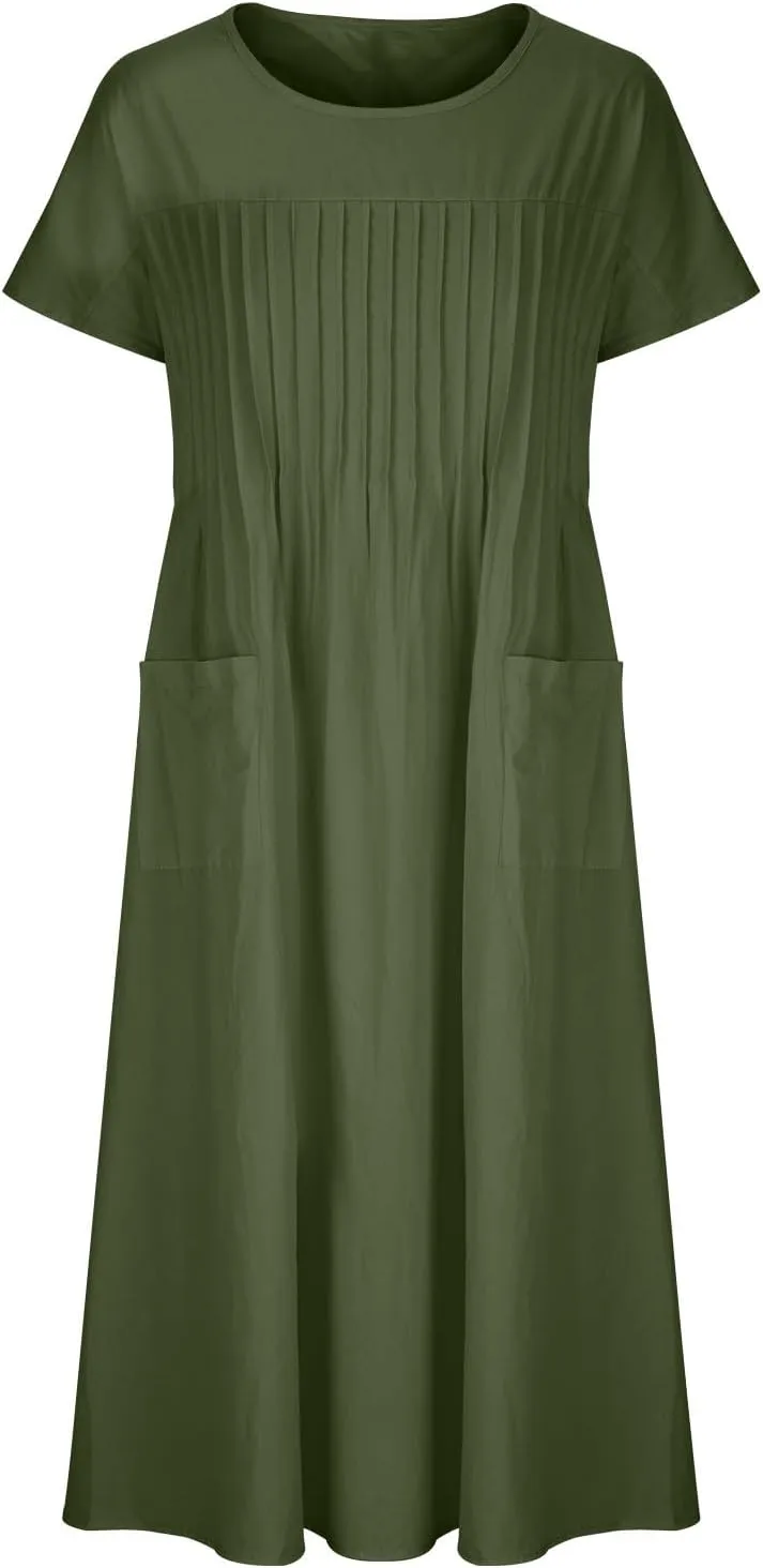 Summer Dresses for Women Cotton Linen Casual Trendy Pleated Midi Dress Loose Short Sleeve Beach Dress with Pockets