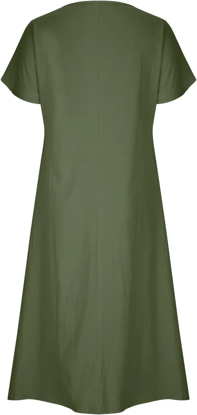 Summer Dresses for Women Cotton Linen Casual Trendy Pleated Midi Dress Loose Short Sleeve Beach Dress with Pockets