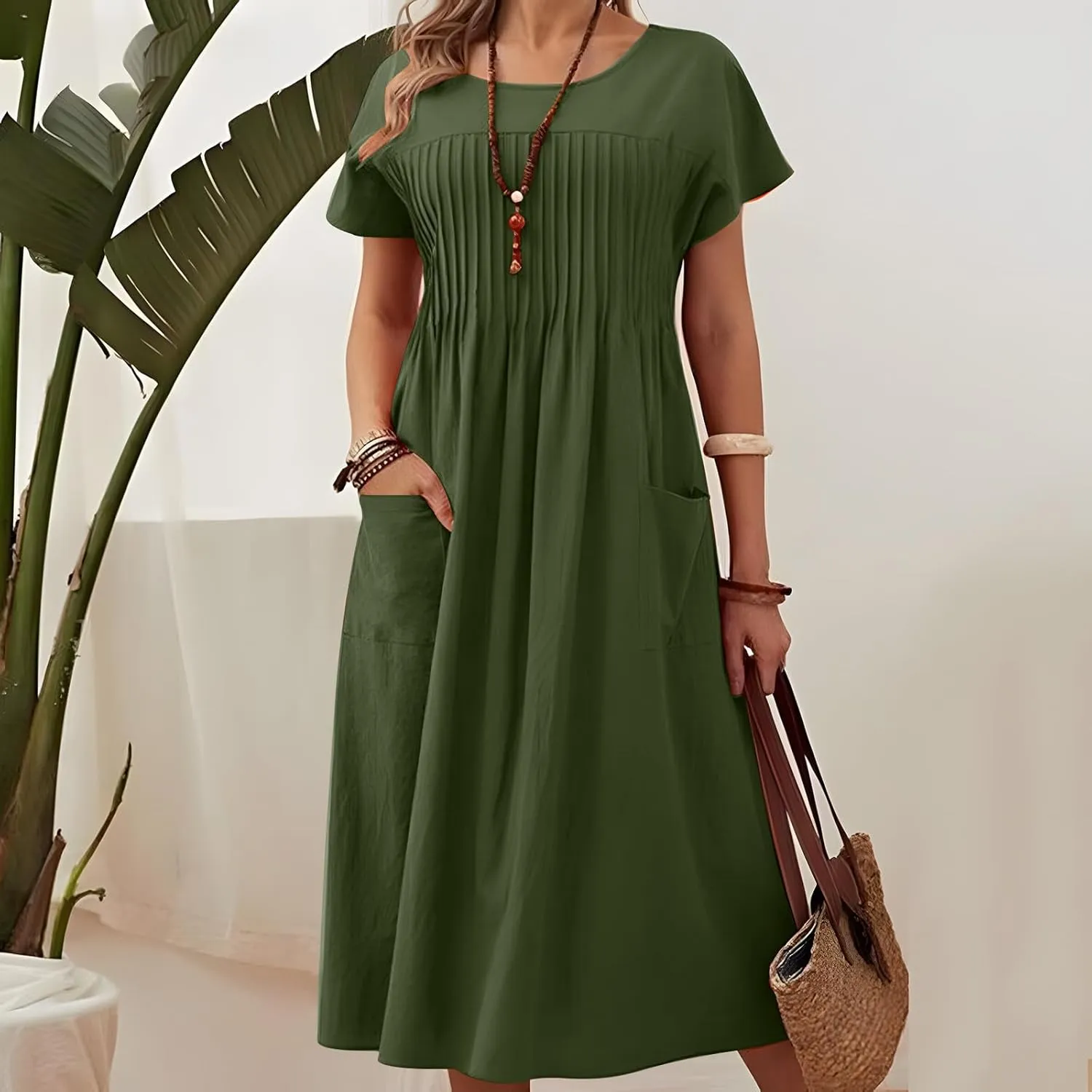 Summer Dresses for Women Cotton Linen Casual Trendy Pleated Midi Dress Loose Short Sleeve Beach Dress with Pockets