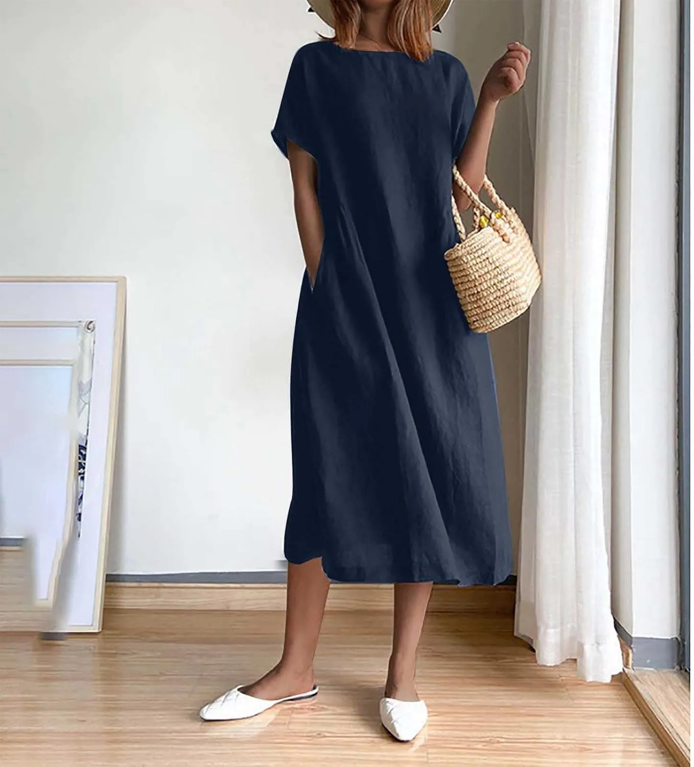 Summer Dresses for Women Short Sleeve High Waist Pleated Long Dress Loose Solid Casual Midi Dress with Pockets
