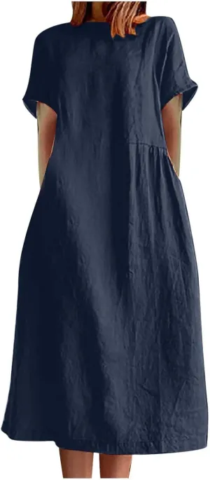 Summer Dresses for Women Short Sleeve High Waist Pleated Long Dress Loose Solid Casual Midi Dress with Pockets