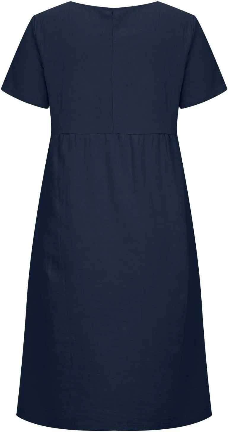 Summer Dresses for Women Short Sleeve High Waist Pleated Long Dress Loose Solid Casual Midi Dress with Pockets