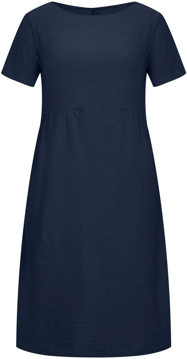 Summer Dresses for Women Short Sleeve High Waist Pleated Long Dress Loose Solid Casual Midi Dress with Pockets