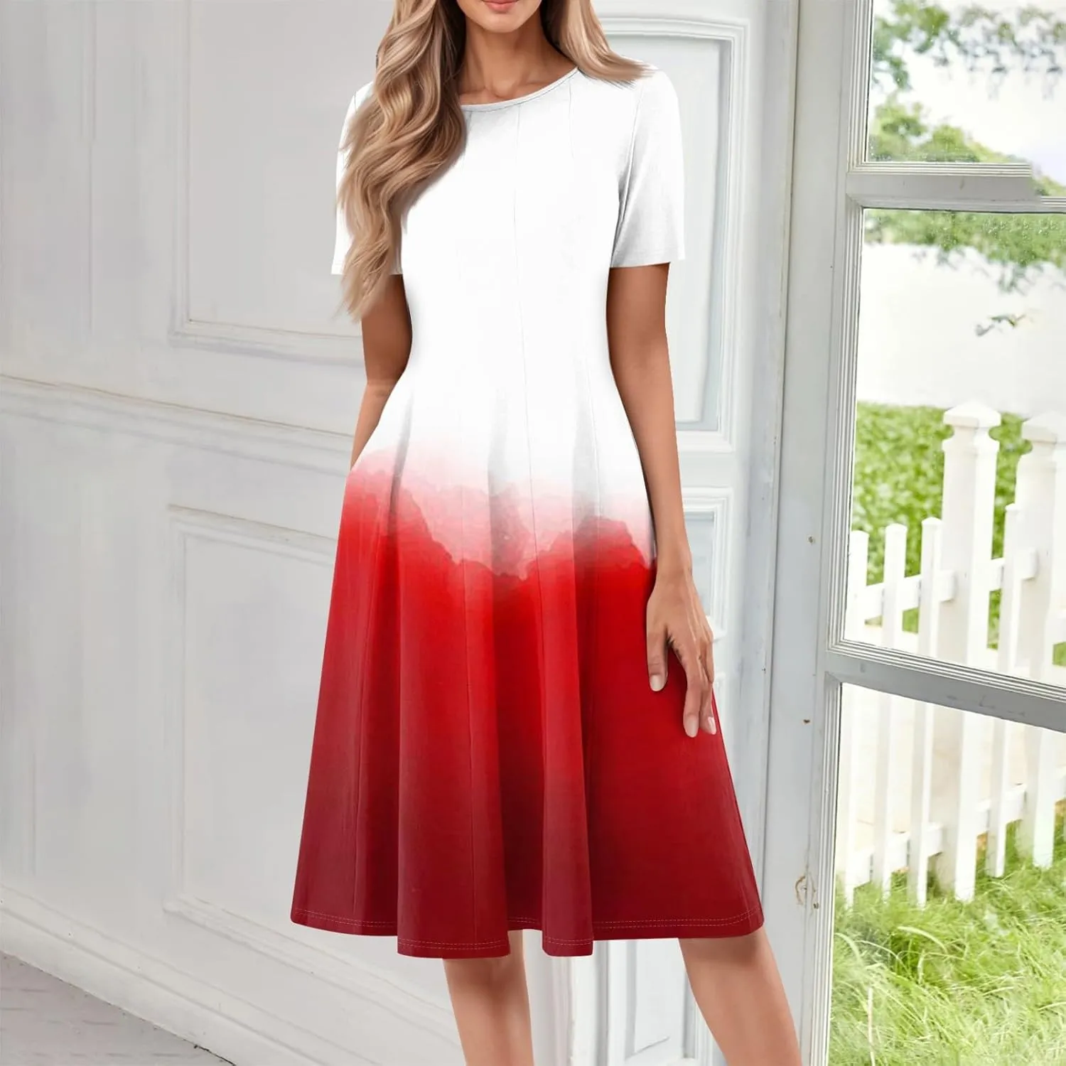 Summer Dresses for Women Trendy Casual Gradient Ombre Short Sleeve Round Neck Boho Midi Pockets Vacation Sundresses