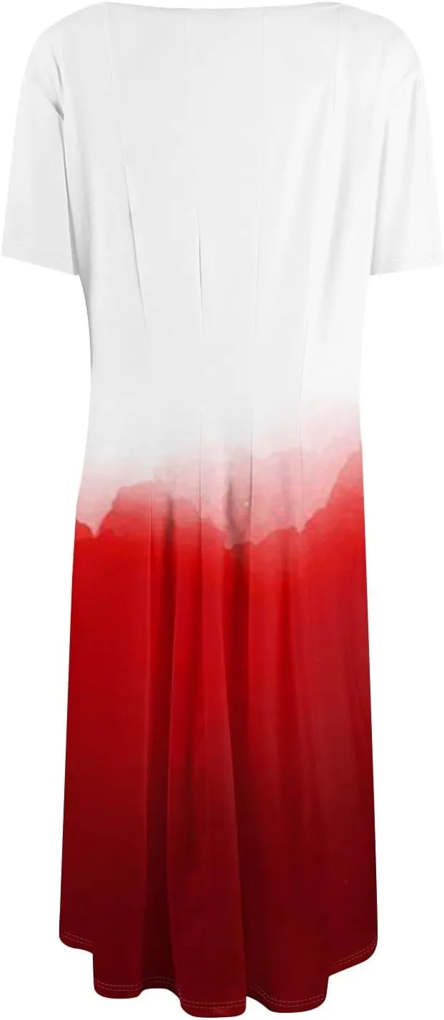 Summer Dresses for Women Trendy Casual Gradient Ombre Short Sleeve Round Neck Boho Midi Pockets Vacation Sundresses