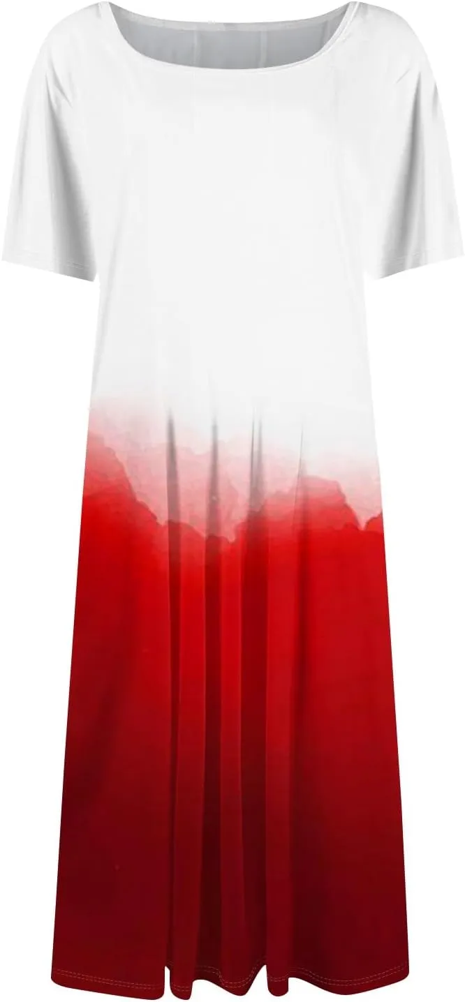 Summer Dresses for Women Trendy Casual Gradient Ombre Short Sleeve Round Neck Boho Midi Pockets Vacation Sundresses