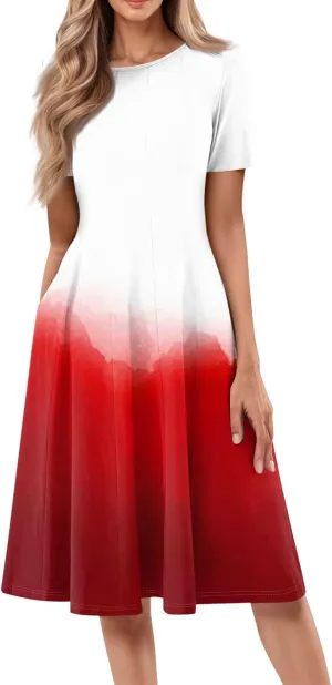 Summer Dresses for Women Trendy Casual Gradient Ombre Short Sleeve Round Neck Boho Midi Pockets Vacation Sundresses