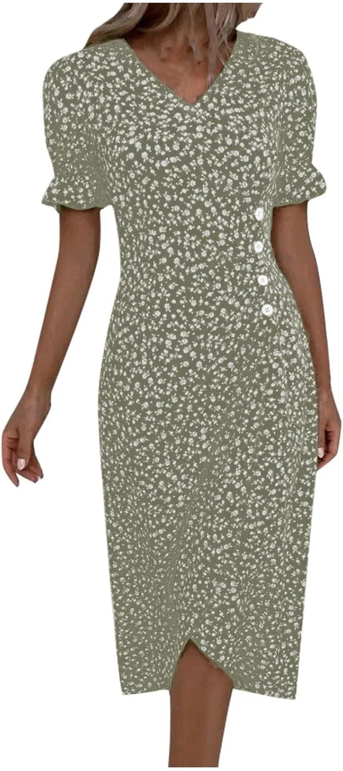 Summer Dresses for Women Wrap Midi Dresses for Women Puff Sleeve Trendy Summer Loose Casual Vintage Cute