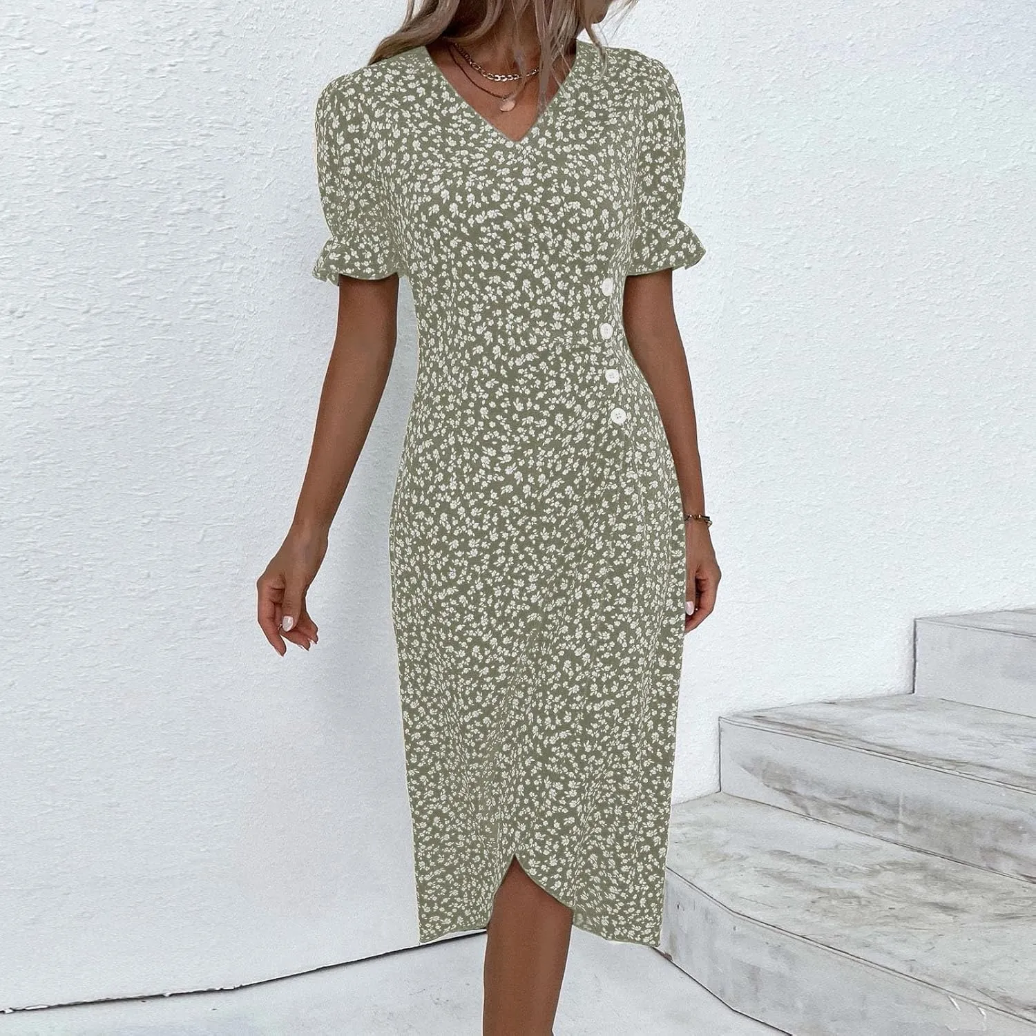 Summer Dresses for Women Wrap Midi Dresses for Women Puff Sleeve Trendy Summer Loose Casual Vintage Cute