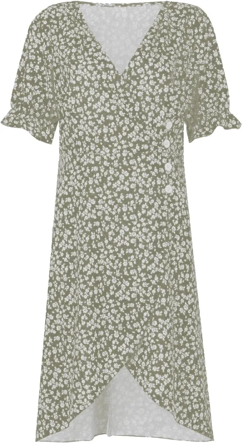 Summer Dresses for Women Wrap Midi Dresses for Women Puff Sleeve Trendy Summer Loose Casual Vintage Cute