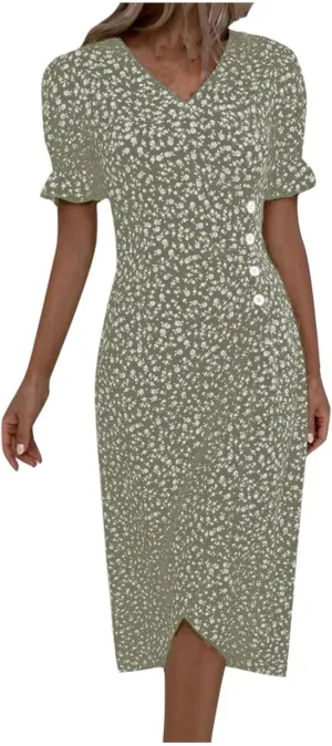 Summer Dresses for Women Wrap Midi Dresses for Women Puff Sleeve Trendy Summer Loose Casual Vintage Cute
