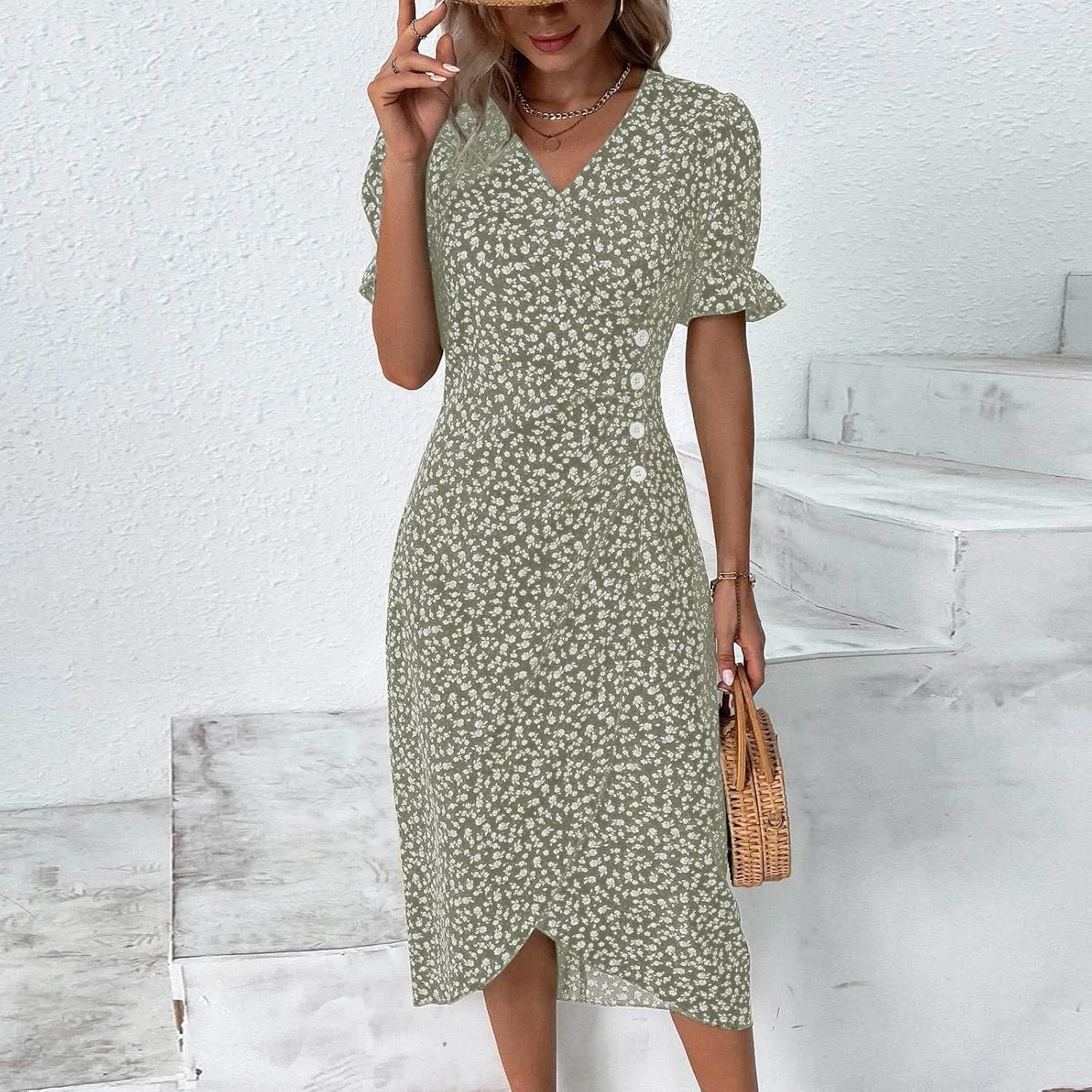 Summer Dresses for Women Wrap Midi Dresses for Women Puff Sleeve Trendy Summer Loose Casual Vintage Cute