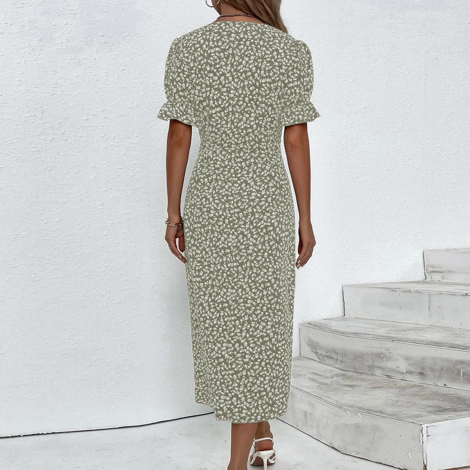 Summer Dresses for Women Wrap Midi Dresses for Women Puff Sleeve Trendy Summer Loose Casual Vintage Cute