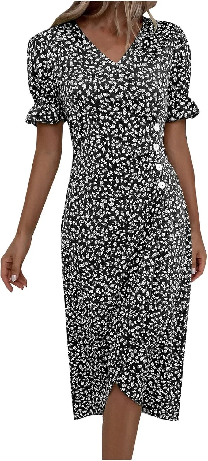 Summer Dresses Women Puff Sleeve Wrap Midi Dresses for Women Summer Womens Dresses Casual
