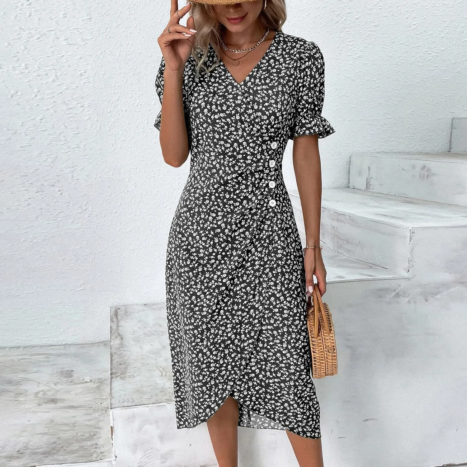 Summer Dresses Women Puff Sleeve Wrap Midi Dresses for Women Summer Womens Dresses Casual