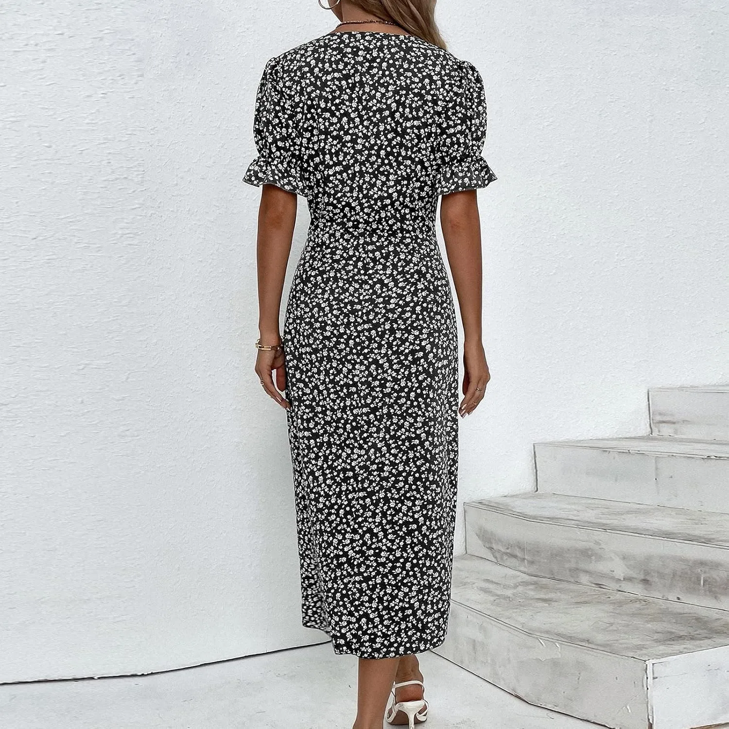 Summer Dresses Women Puff Sleeve Wrap Midi Dresses for Women Summer Womens Dresses Casual