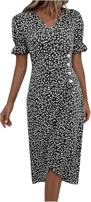 Summer Dresses Women Puff Sleeve Wrap Midi Dresses for Women Summer Womens Dresses Casual