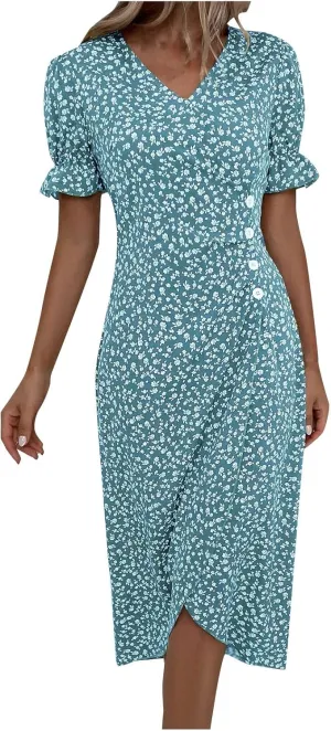 Summer Dresses Women Puff Sleeve Wrap Midi Dresses for Women Summer Womens Dresses Casual