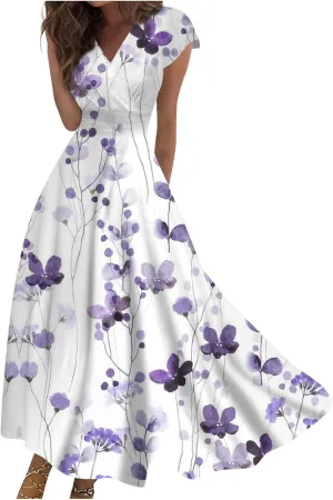 Summer Dresses Women Short Sleeve Maxi Dress Summer Fitted Tight Vintage Floral Print