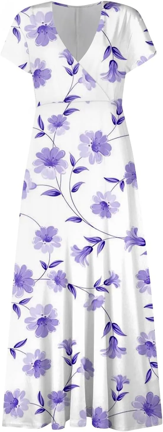 Summer Dresses Women Short Sleeve Maxi Dress Summer Fitted Tight Vintage Floral Print