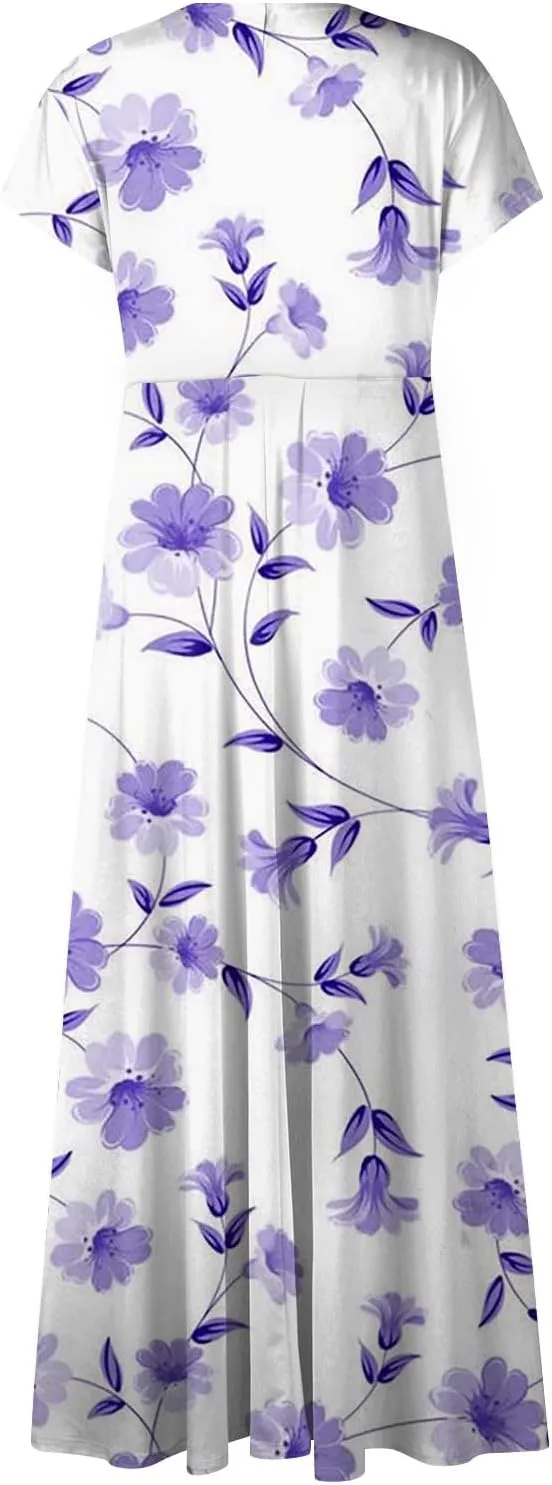 Summer Dresses Women Short Sleeve Maxi Dress Summer Fitted Tight Vintage Floral Print