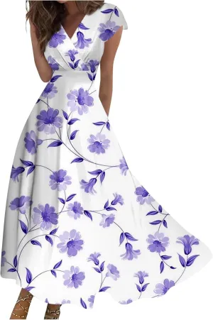 Summer Dresses Women Short Sleeve Maxi Dress Summer Fitted Tight Vintage Floral Print