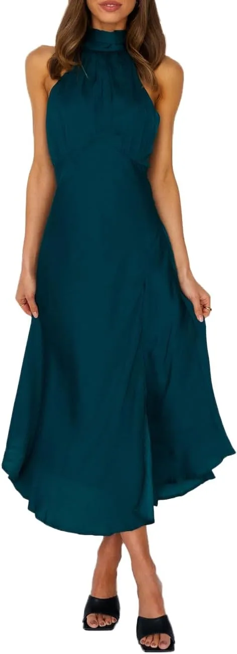 Summer Halter Neck Slit Cocktail Midi Dress 2023 Sexy Cut Out Elegant High Neck Long Dresses for Women Wedding Guest