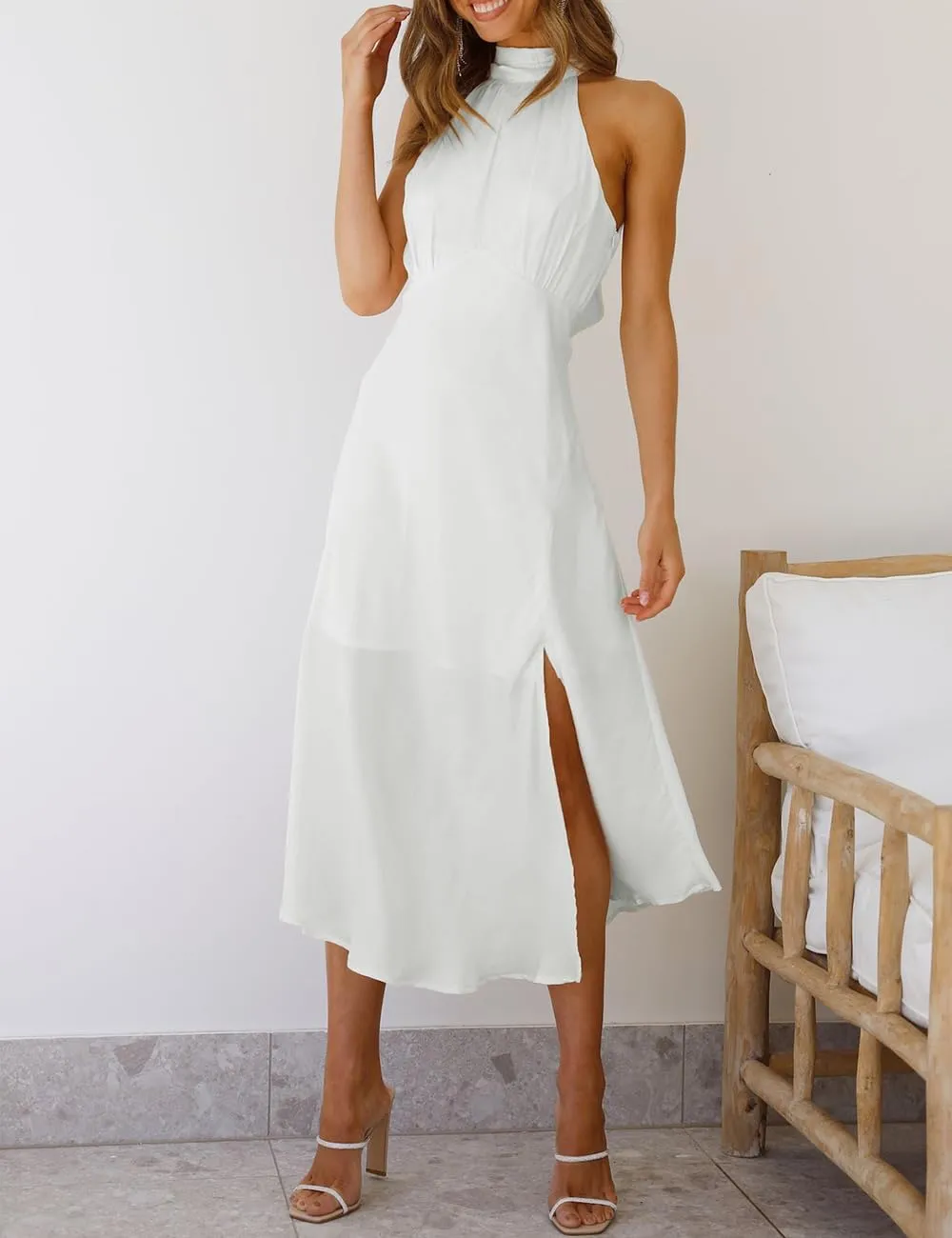 Summer Halter Neck Slit Cocktail Midi Dress 2023 Sexy Cut Out Elegant High Neck Long Dresses for Women Wedding Guest