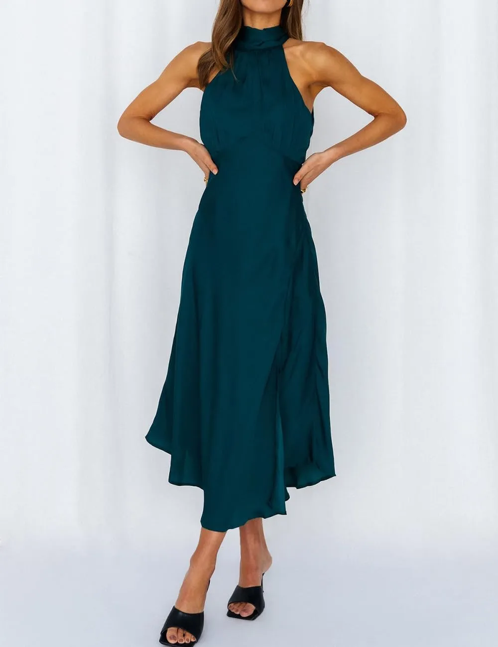 Summer Halter Neck Slit Cocktail Midi Dress 2023 Sexy Cut Out Elegant High Neck Long Dresses for Women Wedding Guest