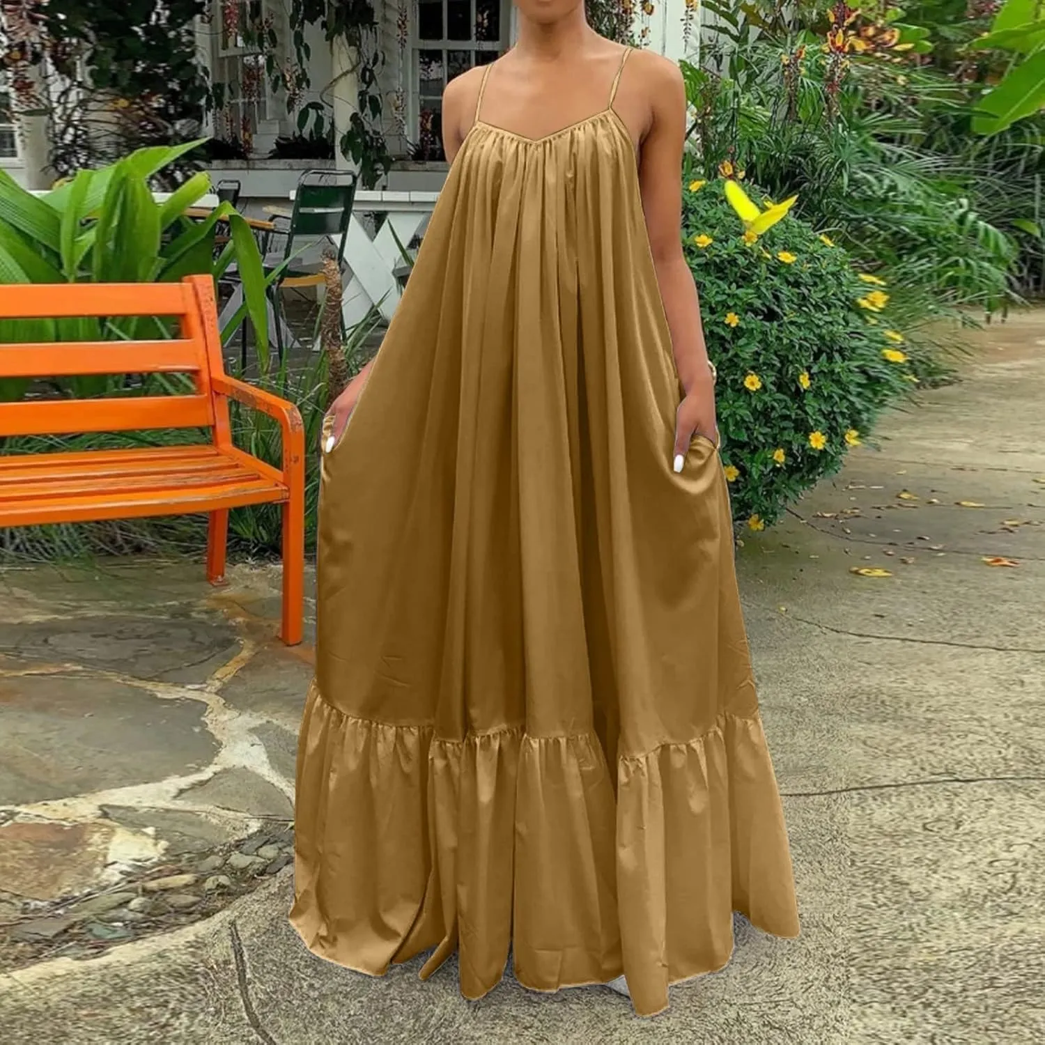 Summer Maxi Dresses for Women 2025 Plus Size Pleated Beach Vacation Dress Spaghetti Strap Ruffle Tiered Swing Sundress