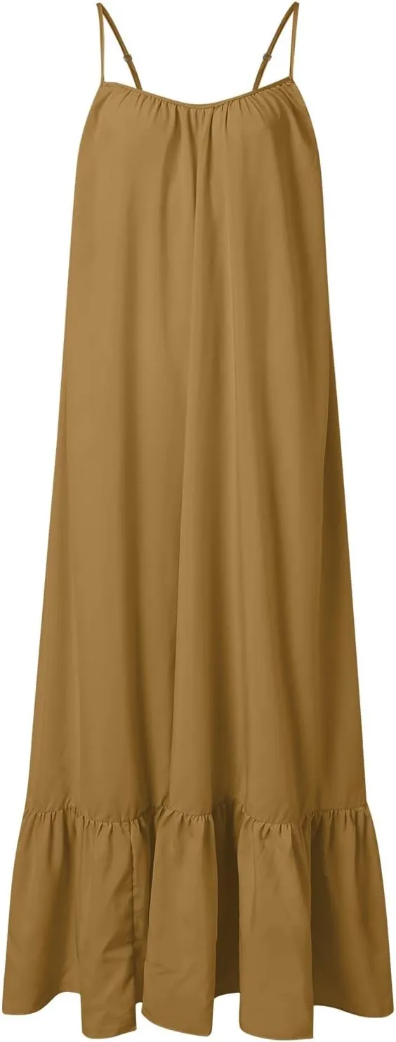 Summer Maxi Dresses for Women 2025 Plus Size Pleated Beach Vacation Dress Spaghetti Strap Ruffle Tiered Swing Sundress