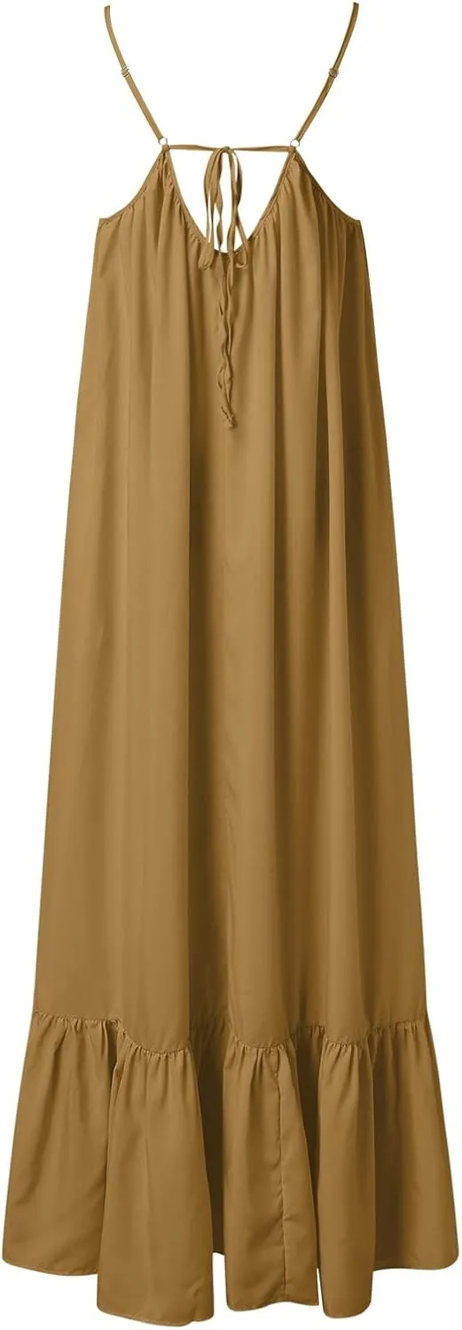 Summer Maxi Dresses for Women 2025 Plus Size Pleated Beach Vacation Dress Spaghetti Strap Ruffle Tiered Swing Sundress