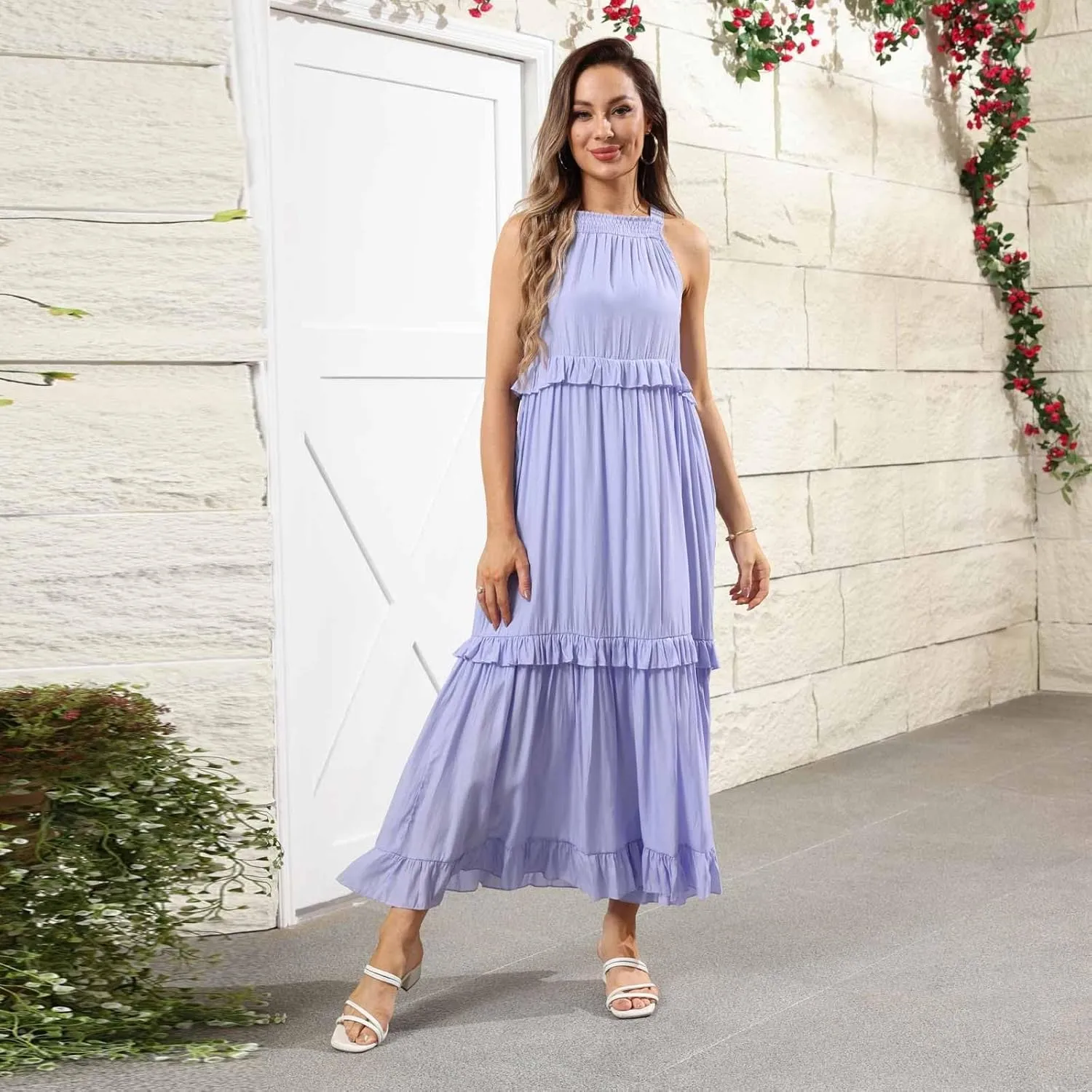 Summer Maxi Dresses for Women 2025 Smocked Halter Tiered Ruffle Flowy Dress Beach Wedding Guest Dress with Pockets