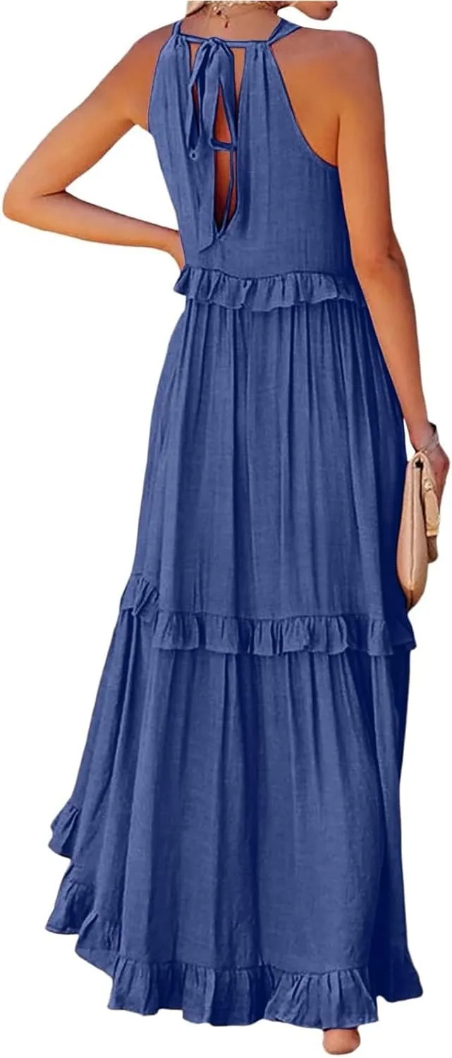Summer Maxi Dresses for Women 2025 Smocked Halter Tiered Ruffle Flowy Dress Beach Wedding Guest Dress with Pockets