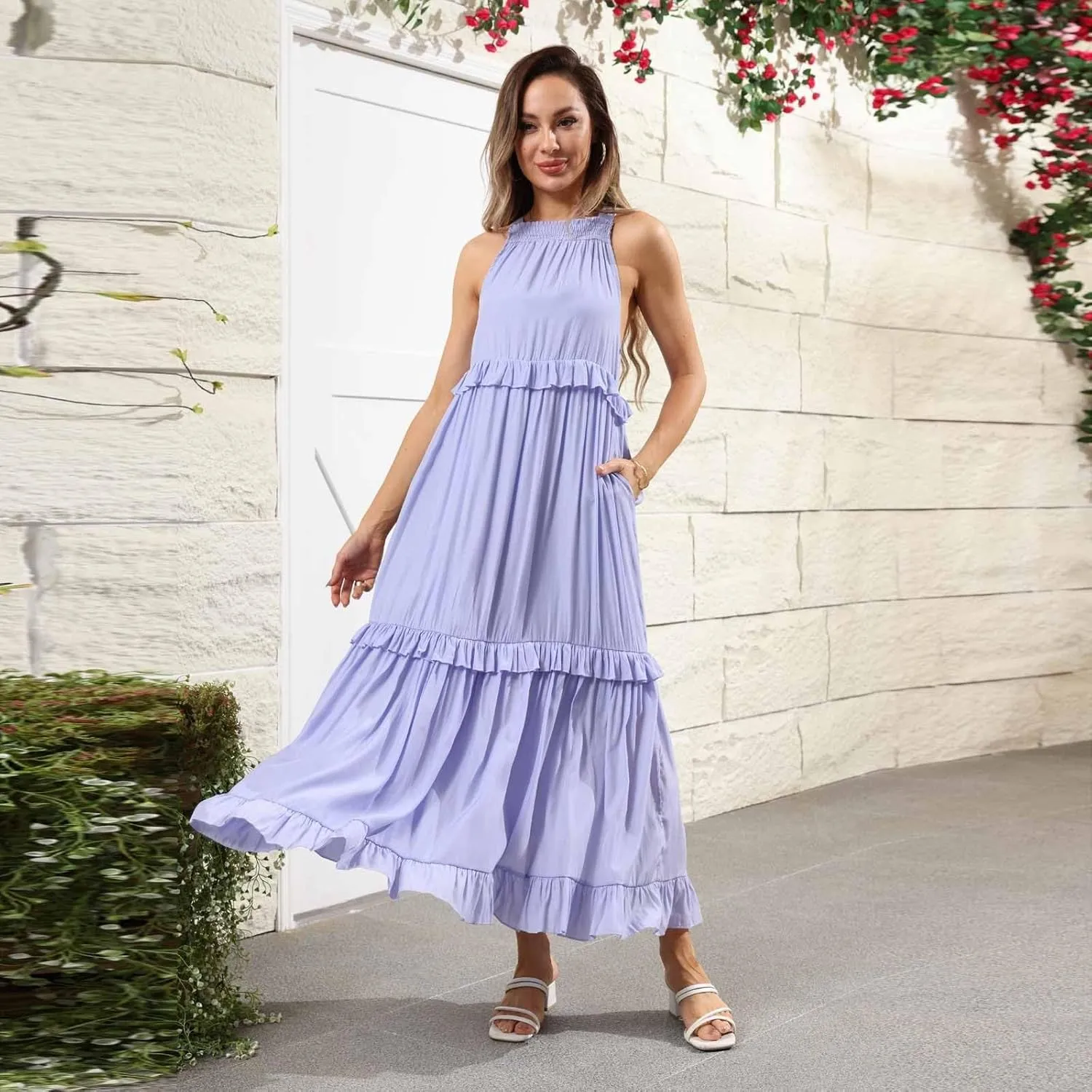 Summer Maxi Dresses for Women 2025 Smocked Halter Tiered Ruffle Flowy Dress Beach Wedding Guest Dress with Pockets